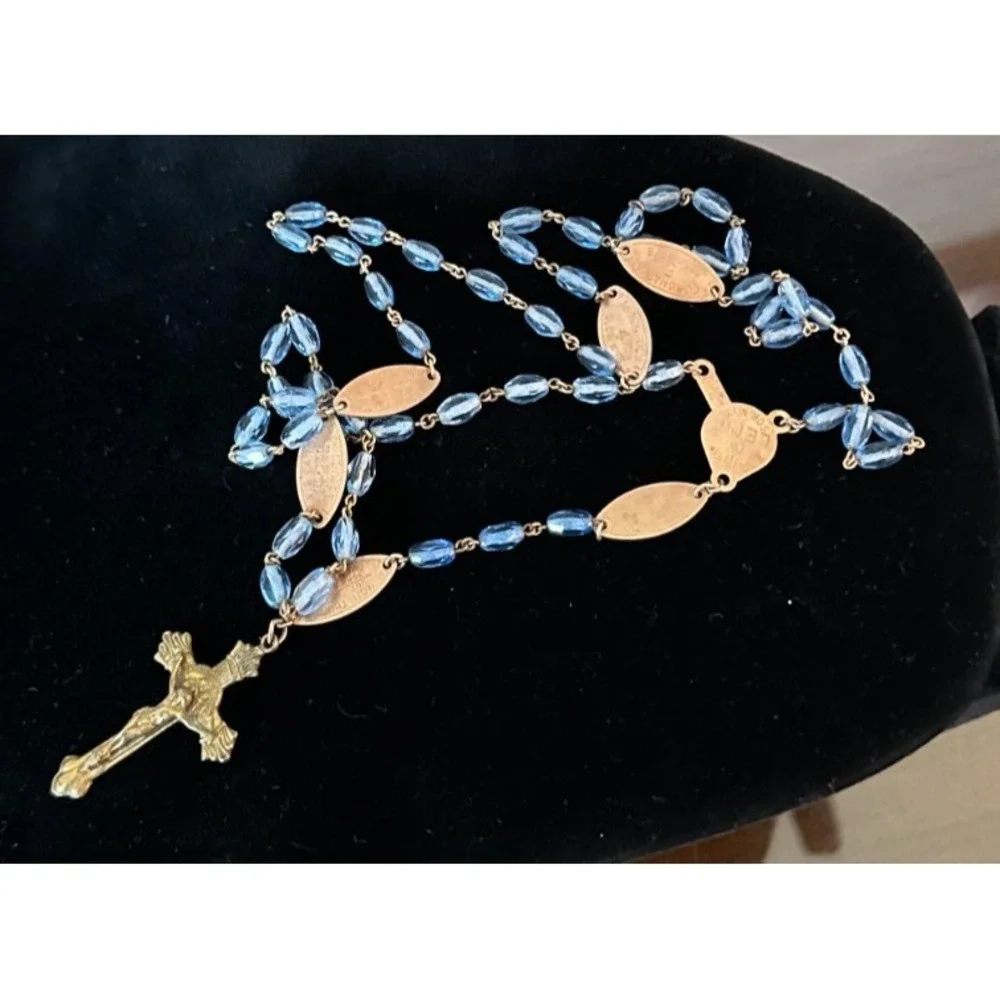 Blue Glass Beads Rosary Crucifix / Mother Mary/Sacred Heart Seven Sorrows‎